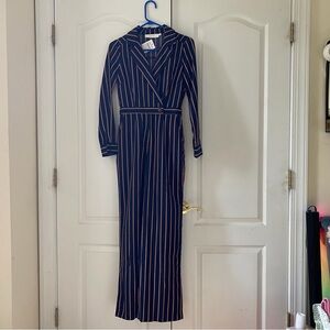 Astr Navy and White Long Sleeve Jumpsuit